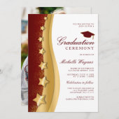 Gold Stars Roter Abschluss Zeremonie und Party Einladung (Vorne/Hinten)