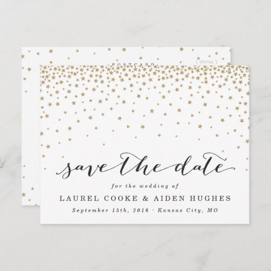 Gold Stars Rustikal Moderne Save the Date Ankündigungspostkarte (Vorne/Hinten)
