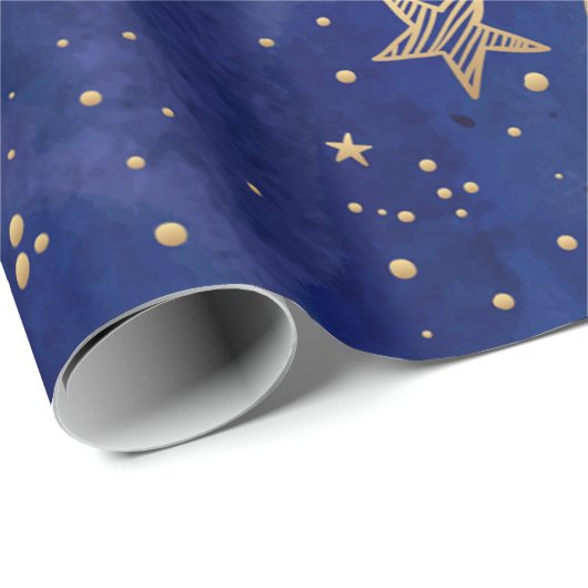 Gold Stars, Sky, Navy Blue, Ferien Geschenkpapier (Rolleneckpunkt)