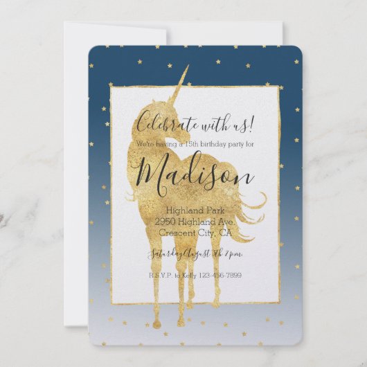 Gold Stars Sky Shine Bright Unicorn Ombre Birthday Einladung (Vorderseite)