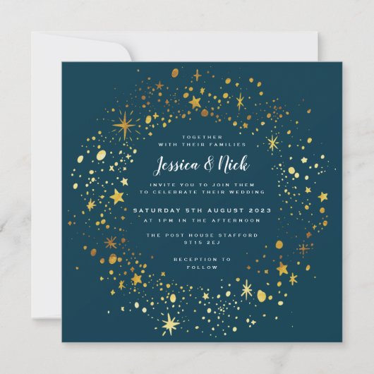 Gold Stars Sparkle Hochzeitseinladung Einladung (Vorderseite)