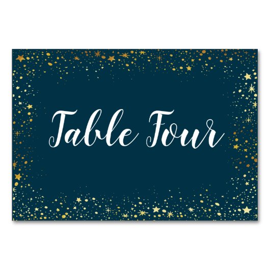 Gold Stars Sparkle Navy Table Name Card Tischnummer (Vorderseite)