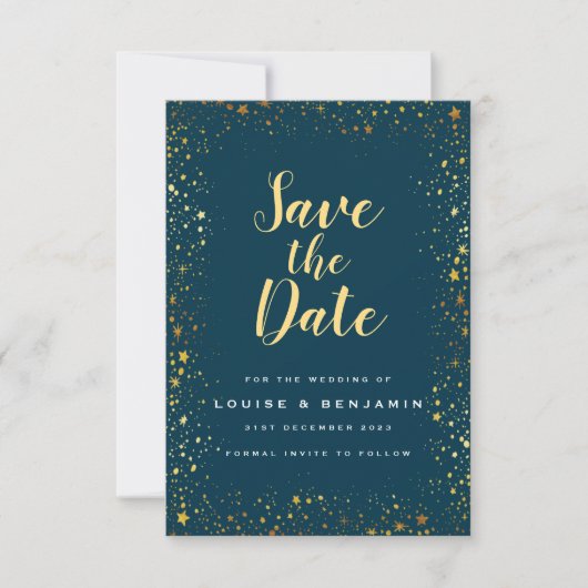 Gold Stars Sparkle Save the Date Card (Vorderseite)