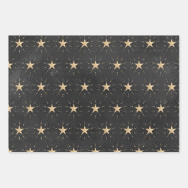 Gold Stars & Stardust auf Schwarz Geschenkpapier Set