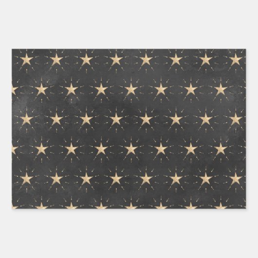 Gold Stars & Stardust auf Schwarz Geschenkpapier Set (Vorderseite)