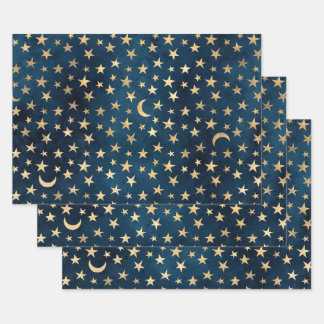 Gold Stars und Monde auf Blue Geschenkpapier Set