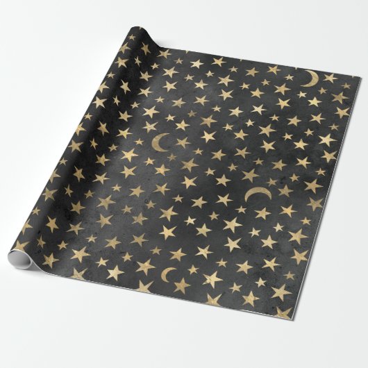 Gold Stars und Moons auf schwarz Geschenkpapier (Ungerollt)