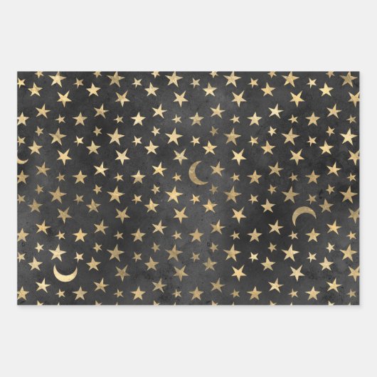 Gold Stars und Moons auf schwarz Geschenkpapier Set (Vorderseite 2)