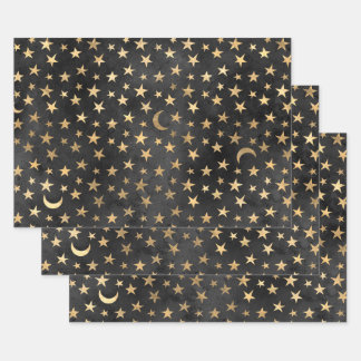 Gold Stars und Moons auf schwarz Geschenkpapier Set