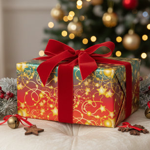 Gold Stars und Streicher auf Rot/Orange/Grün Ombre Geschenkpapier Set