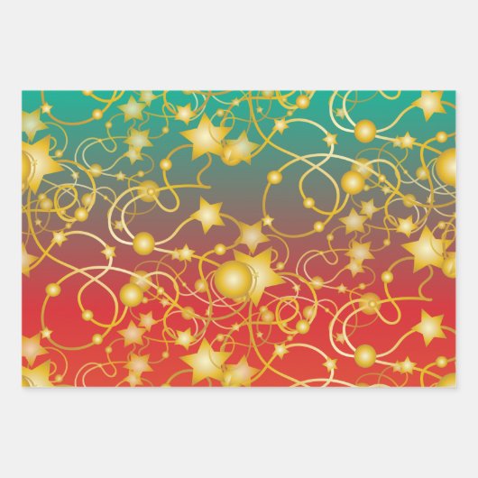 Gold Stars und Streicher auf Rot/Orange/Grün Ombre Geschenkpapier Set (Vorderseite)