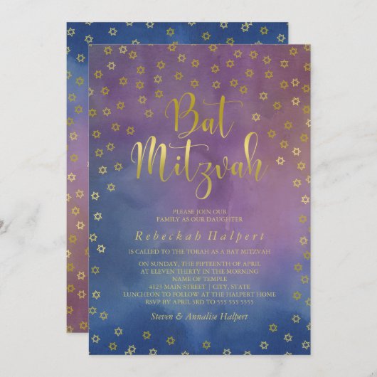 Gold Stars Watercolor Bat Mitzvah Einladung (Vorne/Hinten)