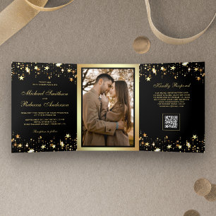 Gold Sterne Konfetti Schwarz QR Code Hochzeit Dreifach Gefaltete Einladung