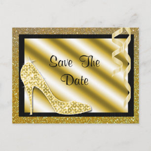 Gold Stiletto & Streamers 70. Save the Date Ankündigungspostkarte