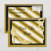 Gold Stiletto & Streamers 70. Save the Date Ankündigungspostkarte (Vorne/Hinten)