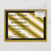 Gold Stiletto & Streamers Quinceañera Ankündigungspostkarte (Rückseite)