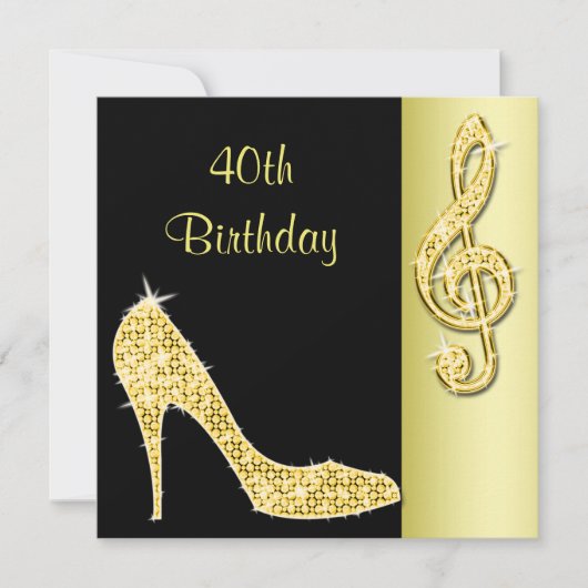 Gold Stiletto & Treble Cleft 40. Geburtstag Einladung (Vorderseite)