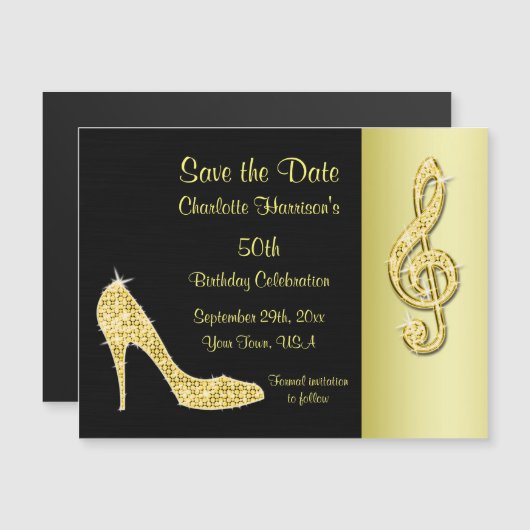 Gold Stiletto & Treble Cleft 50. Save the Date Magneteinladung (Vorne/Hinten)