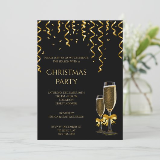 Gold Streamers & Champagner Weihnachten Einladung (Stehend Vorderseite)