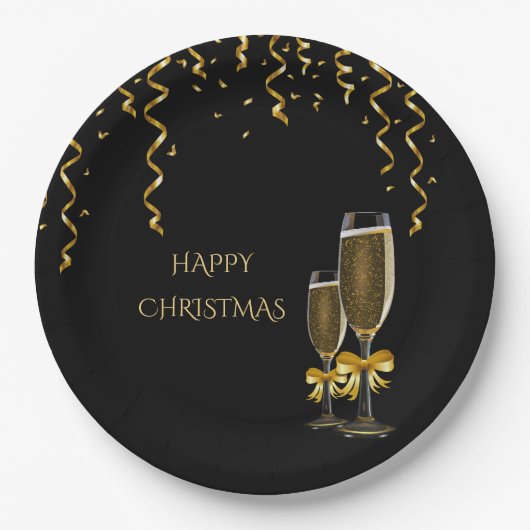 Gold Streamers & Champagner Weihnachten Pappteller (Vorderseite)