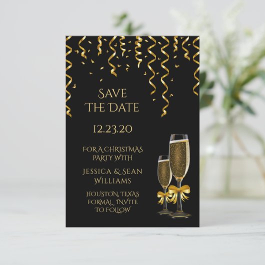 Gold Streamers & Champagner Weihnachten Save The Date (Stehend Vorderseite)