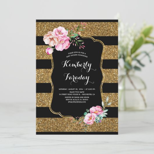 Gold Streifen Blumendusche Vintag Baby Einladung (Stehend Vorderseite)