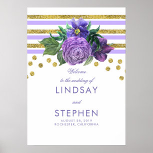 Gold Streifen Floral Lilac Lila Hochzeit Begrüßung Poster