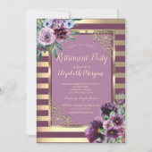 Gold Streifen Rahmen Violett Blume Rente Einladung (Vorderseite)