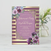 Gold Streifen Rahmen Violett Blume Rente Einladung (Stehend Vorderseite)