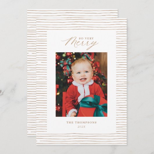 Gold Streifen so sehr fröhlich Foto Weihnachtskart Einladung (Vorne/Hinten)