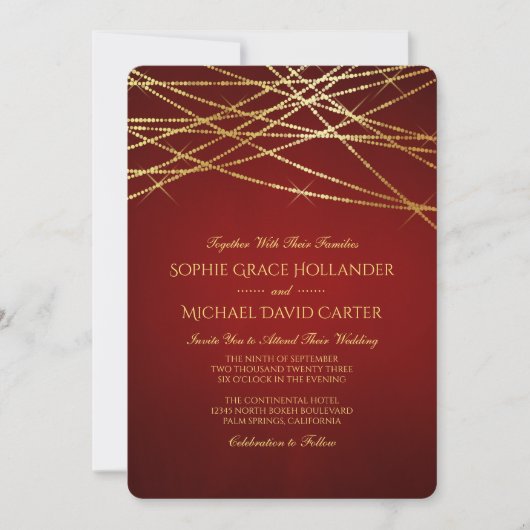 Gold String Lights auf Ruby Red Einladung (Vorderseite)
