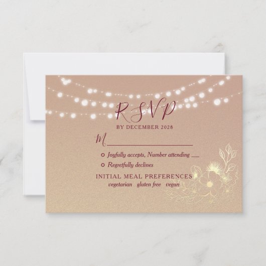 Gold String Lights Burgundy RSVP Card (Vorderseite)