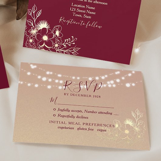 Gold String Lights Burgundy RSVP Card Karte