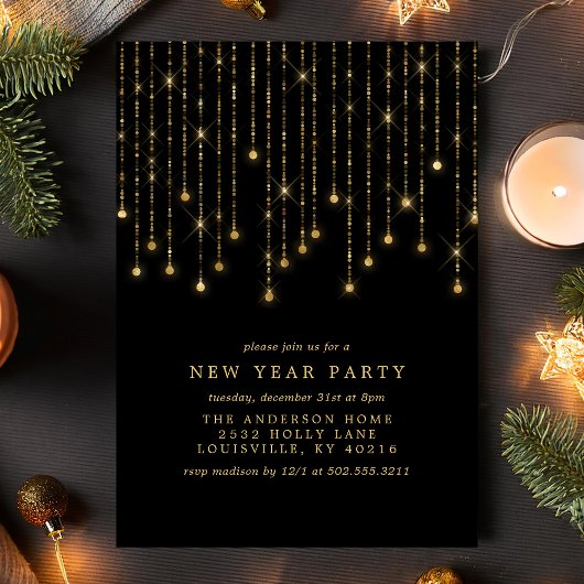 Gold String Lights Chic Black Silvester Party Einladung