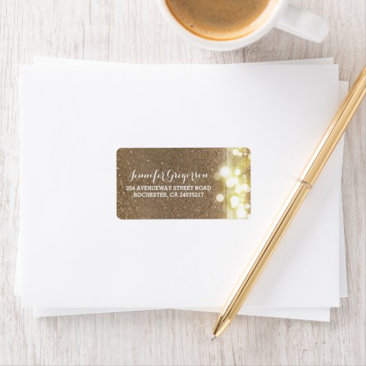 Gold String Lights Chic Wedding Adressaufkleber (Insitu)