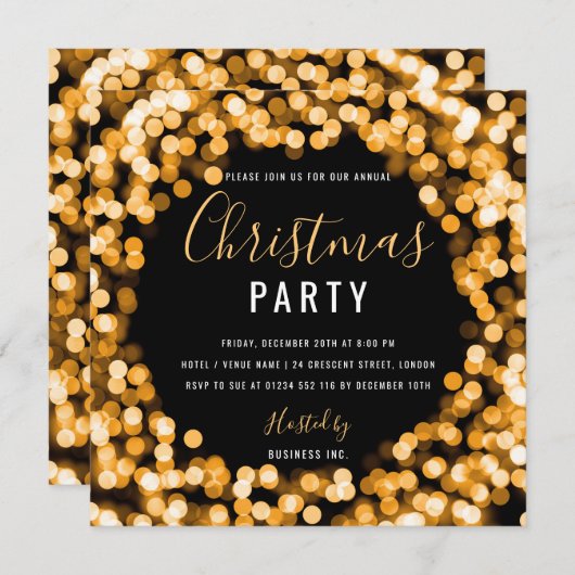 Gold String Lights Corporate Christmas Party Einladung (Vorne/Hinten)