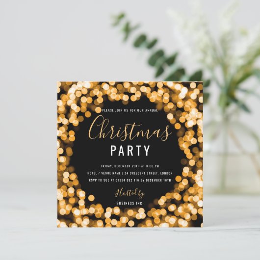 Gold String Lights Corporate Christmas Party Einladung (Stehend Vorderseite)