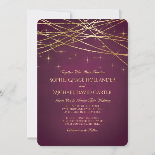 Gold String Lights in Ruby Einladung (Vorderseite)