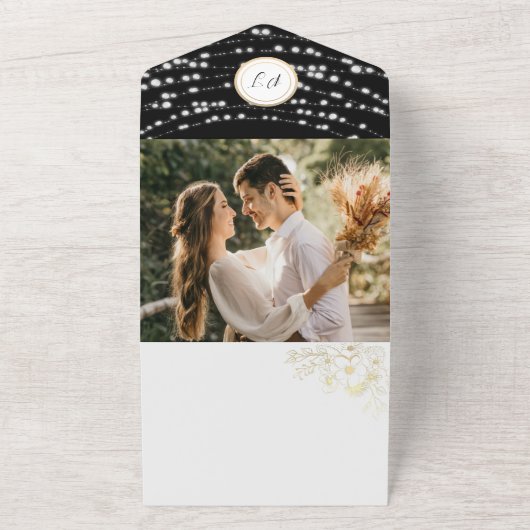 Gold String Lights Rustic Black Wedding All In One Einladung (Außenbereich)