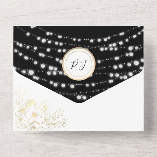 Gold String Lights Rustic Black Wedding All In One Einladung (Rückseite)