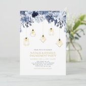 Gold String Lights, Winter Floral Engagement Party Einladung (Stehend Vorderseite)