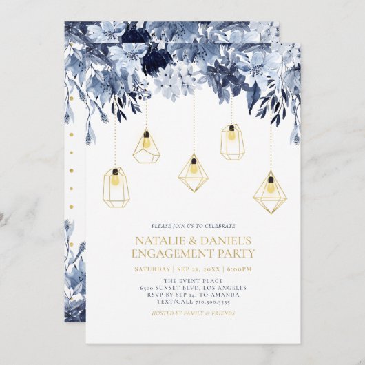 Gold String Lights, Winter Floral Engagement Party Einladung (Vorne/Hinten)