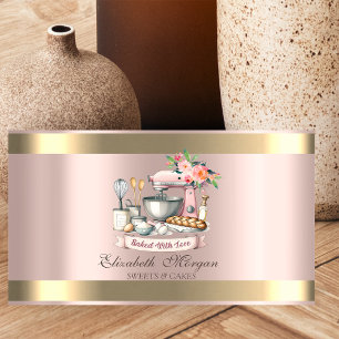 Gold Strip Rose Gold Floral Bakery Mixer Visitenkarte