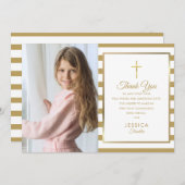 Gold Stripe First Holy Communion Foto Dankeskarte (Vorne/Hinten)