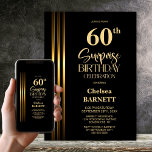 Gold Striped Black 60th Surprise Birthday Party Einladung<br><div class="desc">Make the surprise unforgettable with this stylish gold striped black surprise 60th birthday party invitation. The customizable text templates allow you to add the name of the honored guest, the secret party details, and the venue with ease. Your guest of honor will be in for a night of laughter and...</div>
