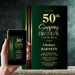 Gold Striped Black Green 50th Surprise Birthday Einladung<br><div class="desc">Make the surprise unforgettable with this stylish gold striped black and green surprise 50th birthday party invitation. The customizable text templates allow you to add the name of the honored guest, the secret party details, and the venue with ease. Your guest of honor will be in for a night of...</div>