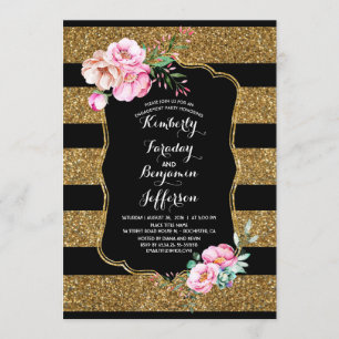 Gold Strips Blues Vintage Engagement Party Einladung