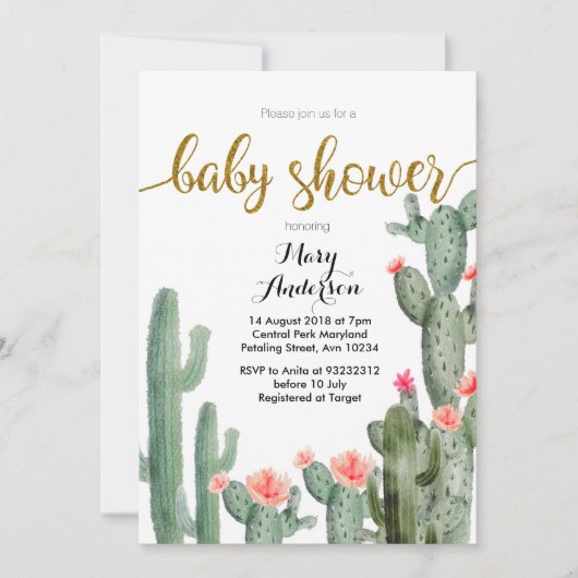 Gold Succulent Sommer Baby Dusche Einladung Pink (Vorderseite)