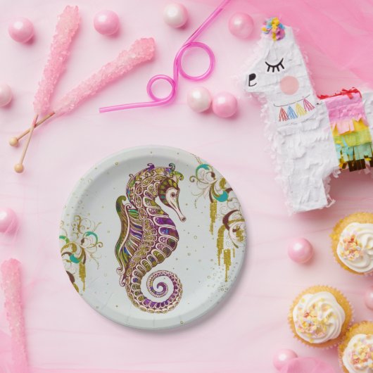 Gold Summer Rainbow Seepferd Glitzer Pappteller (Party)