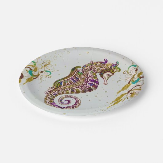 Gold Summer Rainbow Seepferd Glitzer Pappteller (Schrägansicht)